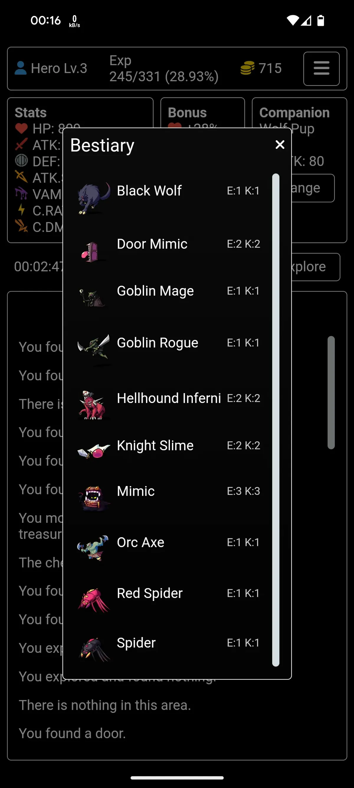 Screenshot of the Bestiary screen showing monster stats.