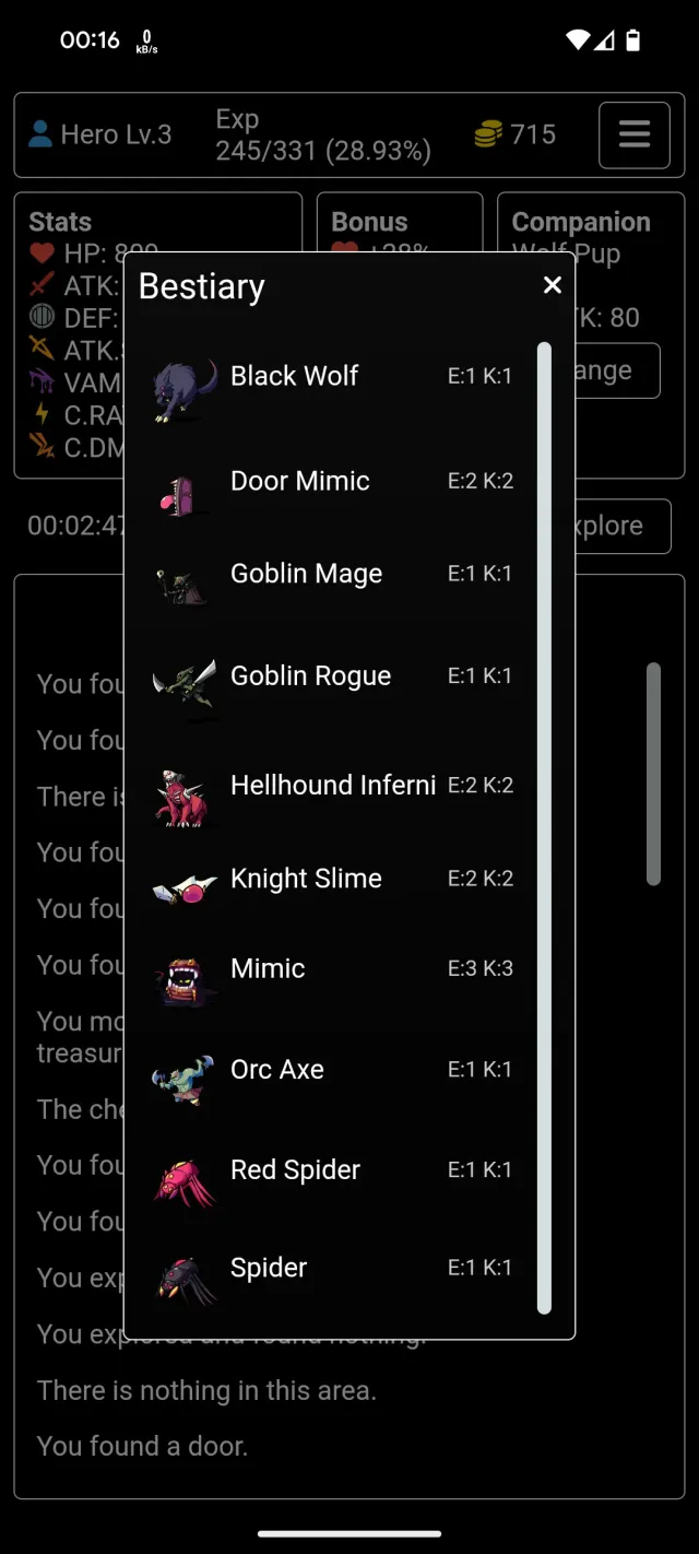 Screenshot of the Bestiary screen showing monster stats.