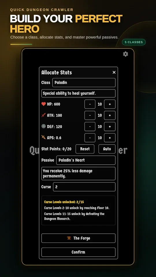 Character creation showing Paladin stats, class, passive, and Curse selection