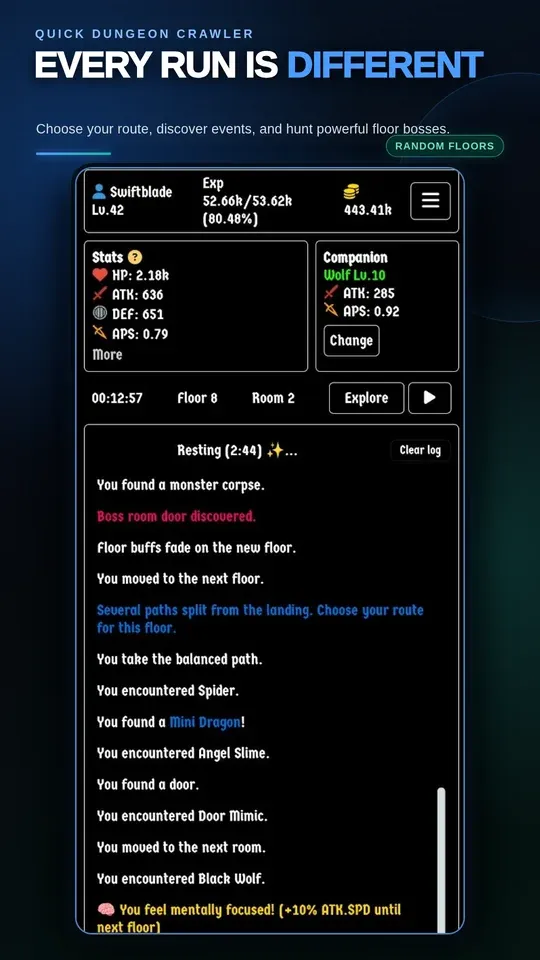Dungeon exploration showing player stats, companion bonuses, and the event log