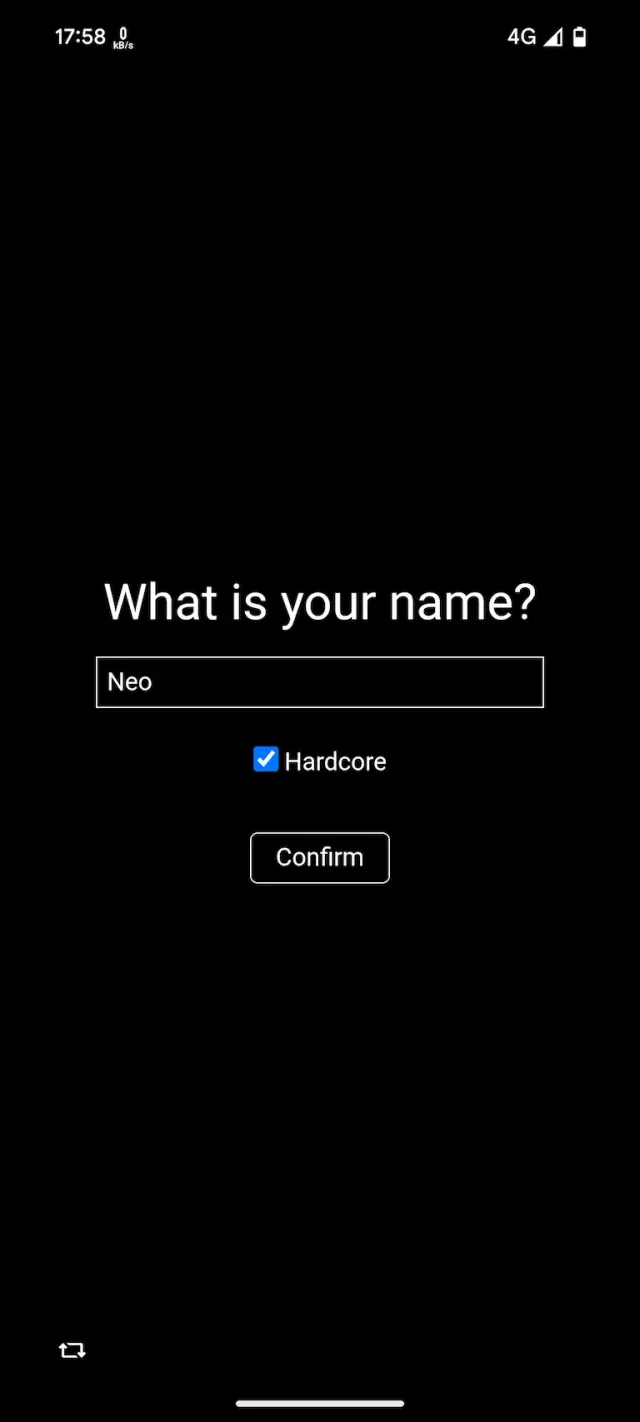 Hardcore mode toggle in hero creation.