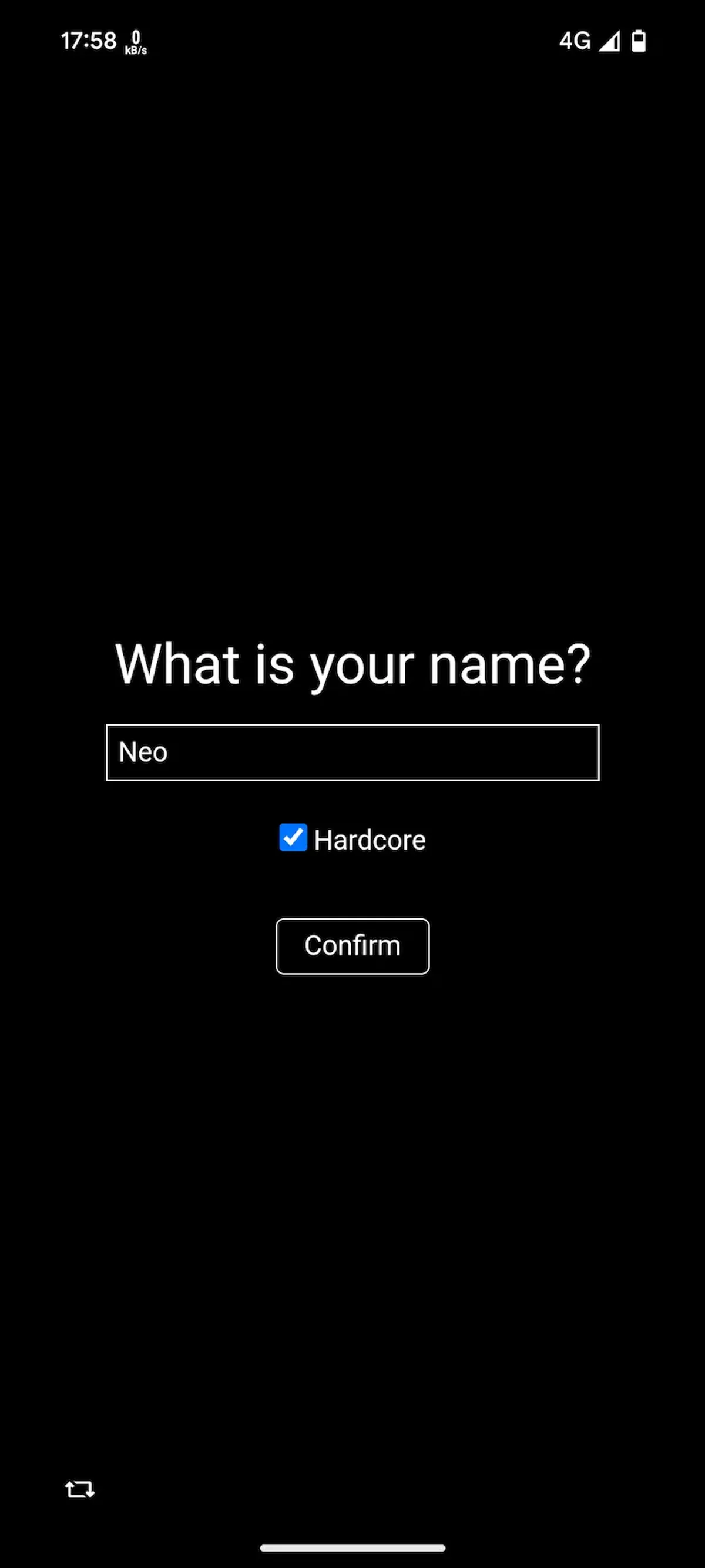 Hardcore mode toggle in hero creation.