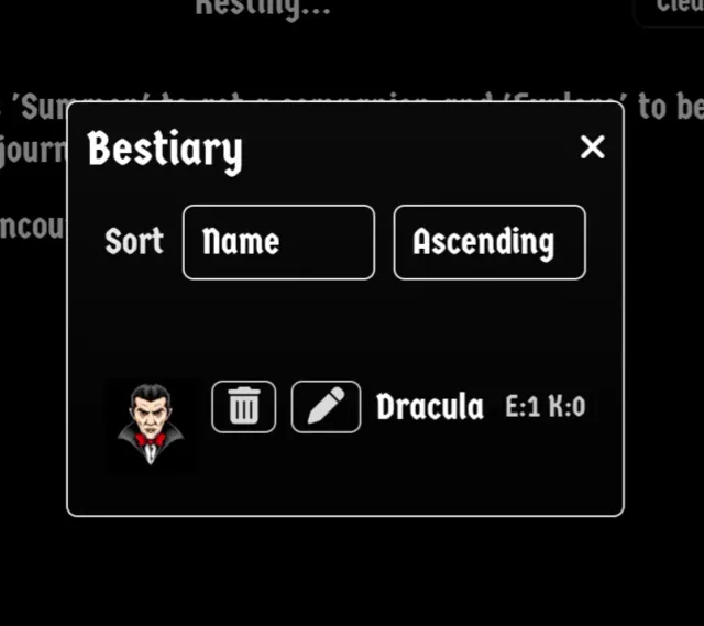 Bestiary customization screen with enemy rename and image options.