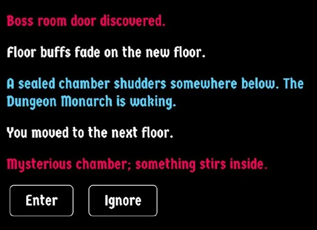 Game screenshot showing the new Mysterious Chamber event with Dungeon Monarch warning.