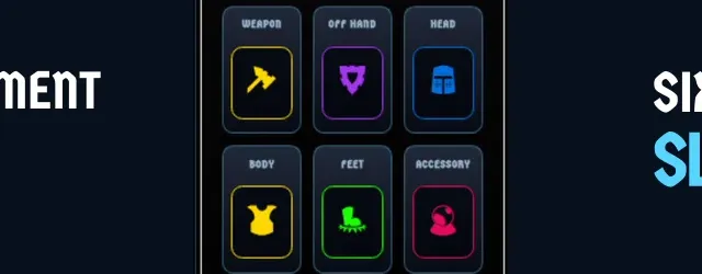 Banner reading 'New Equipment System' and 'Six Fixed Slots' around cards for Weapon, Off Hand, Head, Body, Feet, and Accessory.