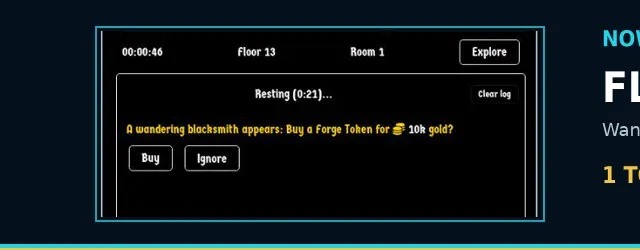 Update 4.1.1 Forge Tokens banner showing the Floor 13 Wandering Blacksmith offering one Forge Token for 10,000 Gold.