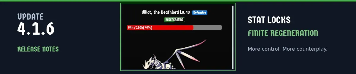 Update 4.1.6 banner showing combat against Ulliot, the Deathlord with a half-filled Regenerating badge representing the enemy's remaining healing reserve.