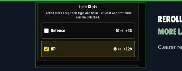 Update 4.1.7 banner showing the Forge Lock Stats panel with dice counters next to the Defense and HP stats.