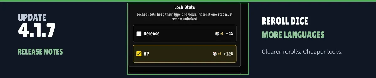 Update 4.1.7 banner showing the Forge Lock Stats panel with dice counters next to the Defense and HP stats.