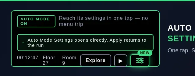 Update 4.2.1 banner showing the dungeon control row with a new highlighted sliders button that opens the Auto Mode settings directly.