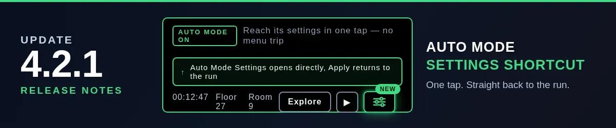 Update 4.2.1 banner showing the dungeon control row with a new highlighted sliders button that opens the Auto Mode settings directly.