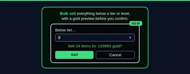 Update 4.2.2 banner showing the inventory bulk sell dialog with a Below tier dropdown and the preview line Sell 24 items for 133963 gold?