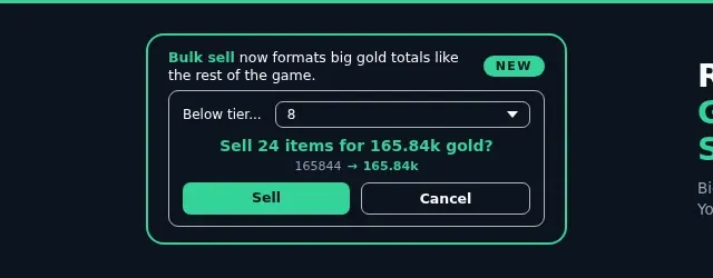 Update 4.2.3 release notes banner showing the inventory bulk sell dialog mock with a Below tier dropdown, the green preview line Sell 24 items for 165.84k gold?, a 165844 to 165.84k formatting note, Sell and Cancel buttons, and the headline Readable Gold + Sticky Forge.