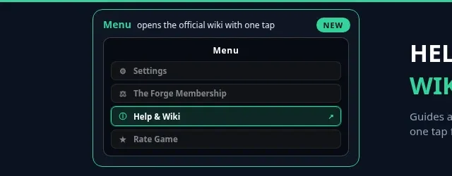Update 4.2.4 release notes banner showing a mock of the in-game menu with a highlighted Help & Wiki button row with an external link arrow and a NEW badge, plus the headline Help & Wiki and the note that guides open with one tap.