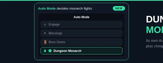 Update 4.2.5 release notes banner showing a mock of the Auto Mode settings panel with a highlighted Dungeon Monarch checkbox row with a NEW badge, plus the headline Dungeon Monarch and the note that Auto Mode now decides monarch fights on its own.