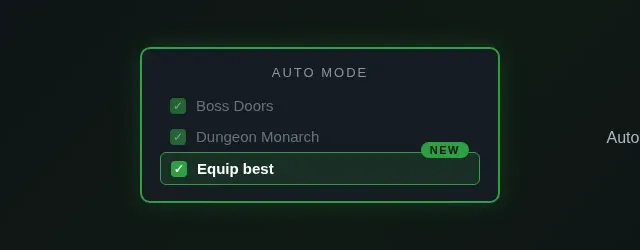 Update 4.2.6 release notes banner showing a mock of the Auto Mode settings panel with a highlighted Equip best checkbox row with a NEW badge, plus the headline Equip best and the note that Auto Mode equips your best gear after every drop.