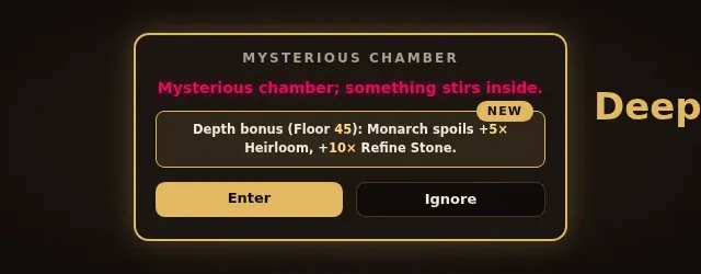 Update 4.2.7 release notes banner showing a mock of the Mysterious chamber panel with a highlighted Depth bonus line reading Floor 45, plus 5 Heirloom and 10 Refine Stone spoils with a NEW badge, next to the headline Deeper Monarchs and the note that Monarch kills pay more the deeper you fight.