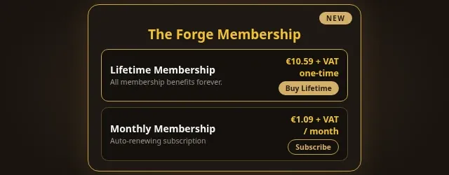 Update 4.3.4 release notes banner showing a mock of The Forge Membership panel with two plan cards — Lifetime Membership at €10.59 + VAT one-time with a Buy Lifetime button and a NEW badge, and Monthly Membership at €1.09 + VAT per month with a Subscribe button — next to the headline Lifetime Membership and the note about companion EXP progress and a tidier dungeon status bar.