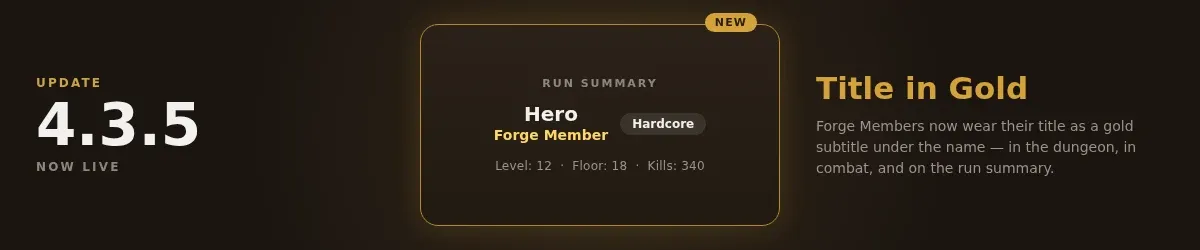 Update 4.3.5 release notes banner showing a mock of the Run summary panel with the player name Hero, a gold Forge Member subtitle directly beneath it, a Hardcore mode badge, and a stats line reading Level 12, Floor 18, Kills 340, with a NEW badge on the panel corner, next to the headline Title in Gold and the note that Forge Members now wear their title as a gold subtitle under the name.